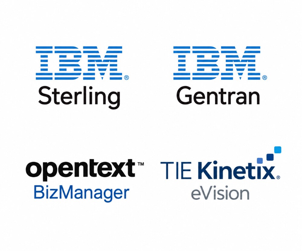 IBM Sterling, Gentran, OpenText BizManager, and TIE Kinetix eVision logos